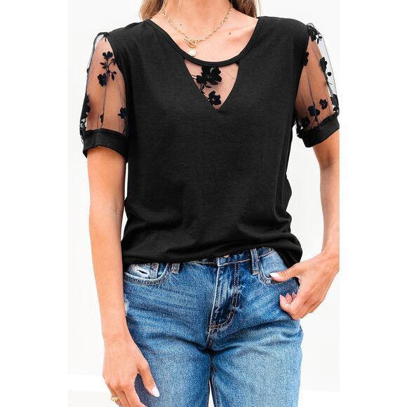New Black Flora Lace Patchwork Crew Neck Top Sizes S M  L - Picture 1 of 8